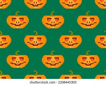 Pixelated pumpkins with carved faces for Halloween seamless pattern. 8 bit Halloween pumpkins in pixel art style. Design for printing on fabric, wrapping paper and decorations. Vector illustration