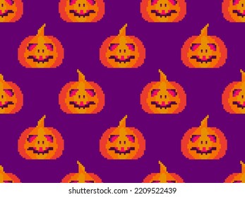 Pixelated pumpkins with carved faces for Halloween seamless pattern. 8 bit Halloween pumpkins in pixel art style. Design for printing on fabric, wrapping paper and decorations. Vector illustration