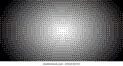 Pixelated Radial Gradient Background. Bitmap Dither Central Pattern Texture. Pixel Art Fade Pattern. Retro Video Game Screen Backdrop. Vector Illustration.