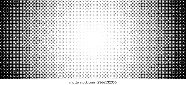 Pixelated radial gradient texture. Black and white bitmap dither central pattern background. Abstract fade glitchy pattern. Video game screen wallpaper. Retro pixel art. Vector halftone wide border