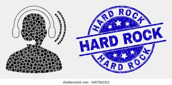 Pixelated radio operator headset mosaic icon and Hard Rock seal stamp. Blue vector round textured seal with Hard Rock message. Vector composition in flat style.