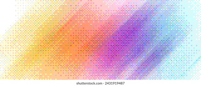Pixelated rainbow diagonal gradient background with dither effect. Colorful mosaic pixel art texture. Vintage retro video game background. Vector illustration in 8-bit style