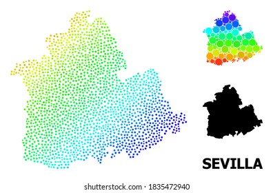 Pixelated rainbow gradient, and monochrome map of Sevilla Province, and black title. Vector model is created from map of Sevilla Province with round dots. Template is useful for political ads.