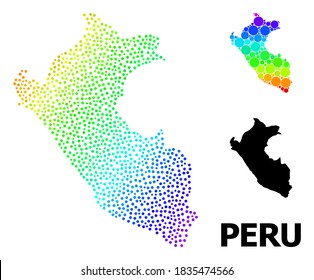 Pixelated rainbow gradient, and monochrome map of Peru, and black tag. Vector model is created from map of Peru with circles. Collage is useful for geographic aims. Bright gradient map of Peru,