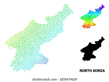Pixelated rainbow gradient, and monochrome map of North Korea, and black caption. Vector model is created from map of North Korea with round dots. Abstraction is useful for geographic posters.