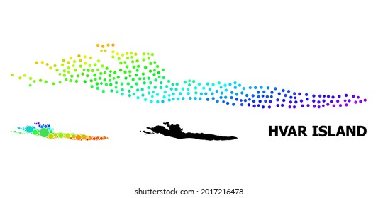 Pixelated rainbow gradient, and monochrome map of Hvar Island, and black tag. Vector structure is created from map of Hvar Island with spheres. Collage is useful for political templates.