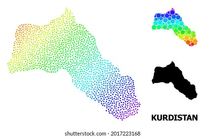 Pixelated rainbow gradient, and monochrome map of Kurdistan, and black caption. Vector model is created from map of Kurdistan with spheres. Illustration is useful for geographic templates.