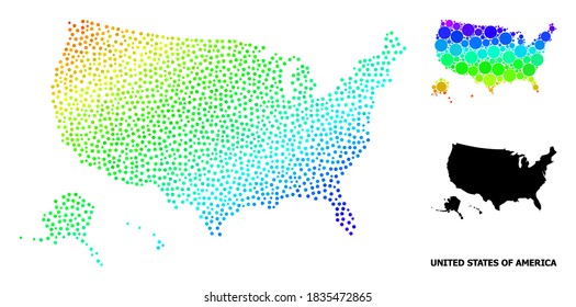 Pixelated rainbow gradient, and solid map of USA territories, and black text. Vector structure is created from map of USA territories with round dots. Illustration for geographic aims.