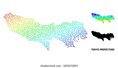 Pixelated rainbow gradient, and solid map of Tokyo Prefecture, and black title. Vector model is created from map of Tokyo Prefecture with spheres. Illustration is useful for geographic posters.