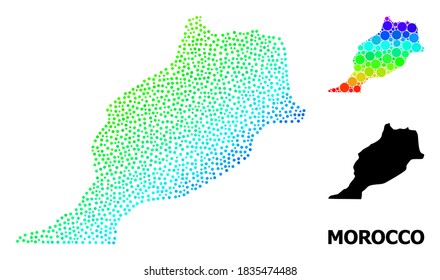 Pixelated rainbow gradient, and solid map of Morocco, and black title. Vector structure is created from map of Morocco with round dots. Illustration for political purposes.