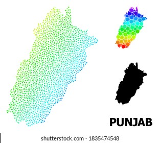 Pixelated rainbow gradient, and solid map of Punjab Province, and black name. Vector model is created from map of Punjab Province with spheres. Abstraction is useful for political posters.