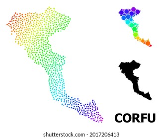 Pixelated rainbow gradient, and solid map of Corfu Island, and black text. Vector structure is created from map of Corfu Island with circles. Illustration designed for political aims.