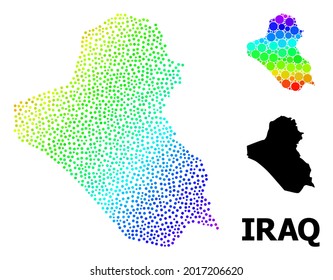 Pixelated rainbow gradient, and solid map of Iraq, and black name. Vector model is created from map of Iraq with round dots. Illustration for political templates. Colored gradient map of Iraq,