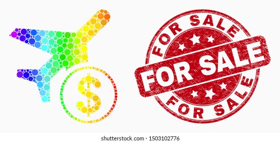 Pixelated rainbow gradiented airplane price mosaic icon and For Sale seal stamp. Red vector rounded grunge seal with For Sale text. Vector combination in flat style.