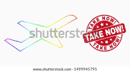 Pixelated rainbow gradiented airplane takeoff mosaic pictogram and Take Now! seal stamp. Red vector round scratched stamp with Take Now! caption. Vector composition in flat style.