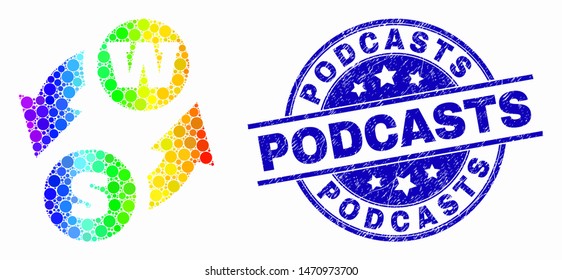 Pixelated rainbow gradiented alphabet characters exchange mosaic icon and Podcasts stamp. Blue vector round scratched watermark with Podcasts caption. Vector collage in flat style.