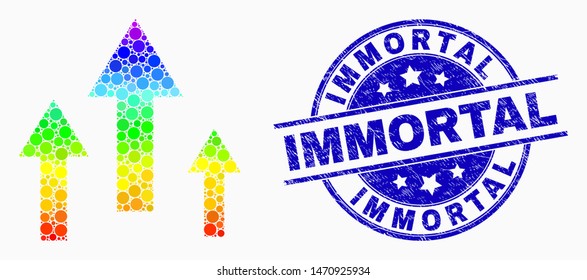 Pixelated rainbow gradiented up arrows mosaic pictogram and Immortal seal stamp. Blue vector round distress seal stamp with Immortal phrase. Vector composition in flat style.