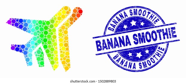 Pixelated rainbow gradiented aviation mosaic pictogram and Banana Smoothie stamp. Blue vector rounded scratched seal stamp with Banana Smoothie text. Vector collage in flat style.