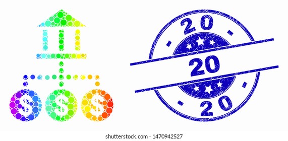 Pixelated rainbow gradiented bank hierarchy mosaic icon and 20 seal stamp. Blue vector rounded distress seal stamp with 20 text. Vector composition in flat style.