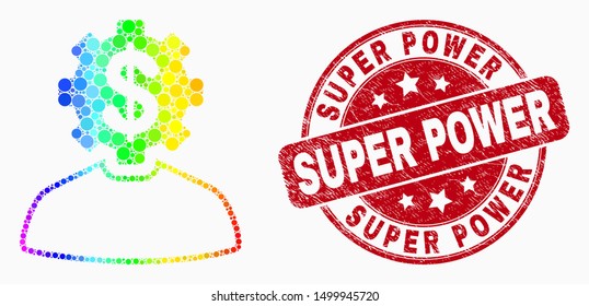 Pixelated rainbow gradiented banker gear person mosaic icon and Super Power seal stamp. Red vector round textured seal stamp with Super Power caption. Vector collage in flat style.
