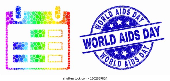 Pixelated rainbow gradiented calendar page mosaic icon and World AIDS Day seal stamp. Blue vector round scratched seal with World AIDS Day caption. Vector collage in flat style.