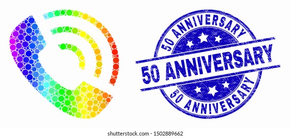 Pixelated rainbow gradiented call phone mosaic pictogram and 50 Anniversary stamp. Blue vector round grunge seal stamp with 50 Anniversary message. Vector composition in flat style.