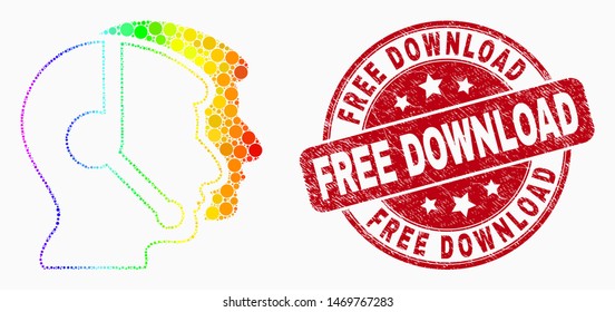 Pixelated rainbow gradiented call service operators mosaic pictogram and "Free Download" stamp. Red vector round textured seal stamp with "Free Download" message. Vector composition in flat style.