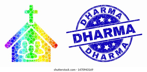 Pixelated rainbow gradiented church people mosaic icon and Dharma stamp. Blue vector rounded distress stamp with Dharma phrase. Vector combination in flat style.