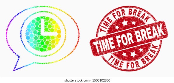 Pixelated rainbow gradiented clock message balloon mosaic pictogram and Time for Break seal. Red vector rounded grunge seal with Time for Break phrase. Vector combination in flat style.