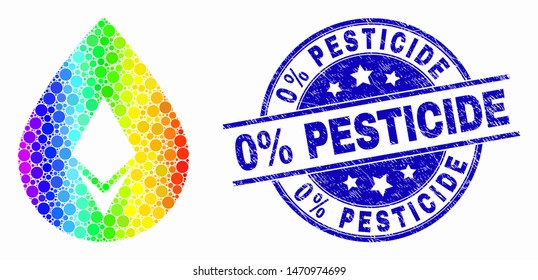 Pixelated rainbow gradiented crystal drop mosaic icon and 0% Pesticide seal stamp. Blue vector round scratched seal with 0% Pesticide message. Vector combination in flat style.