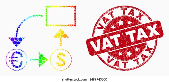 Pixelated rainbow gradiented currency conversion scheme mosaic icon and Vat Tax seal. Red vector rounded distress seal with Vat Tax text. Vector collage in flat style.