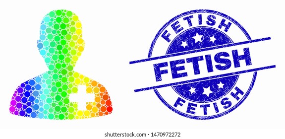 Pixelated rainbow gradiented doctor mosaic pictogram and Fetish watermark. Blue vector rounded distress watermark with Fetish title. Vector combination in flat style.