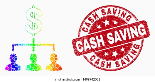 Pixelated rainbow gradiented dollar clients structure mosaic pictogram and Cash Saving stamp. Red vector round distress seal stamp with Cash Saving caption. Vector composition in flat style.