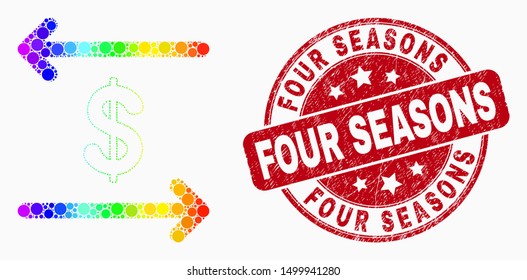 Pixelated rainbow gradiented dollar exchange arrows mosaic pictogram and Four Seasons seal stamp. Red vector round scratched seal stamp with Four Seasons caption. Vector composition in flat style.