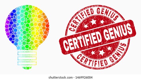 Pixelated rainbow gradiented electric bulb mosaic icon and Certified Genius seal stamp. Red vector rounded distress stamp with Certified Genius phrase. Vector combination in flat style.