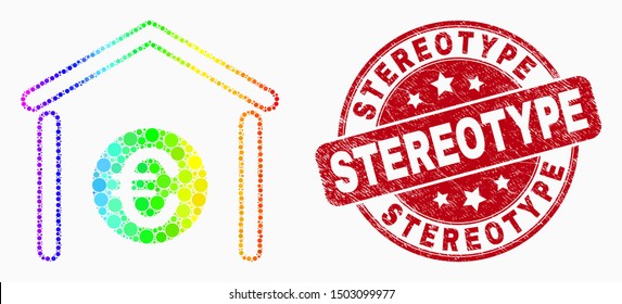 Pixelated rainbow gradiented euro bank mosaic icon and Stereotype seal stamp. Red vector rounded grunge seal stamp with Stereotype text. Vector composition in flat style.