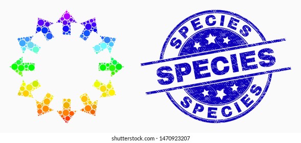 Pixelated rainbow gradiented explode arrows mosaic pictogram and Species seal. Blue vector round distress seal stamp with Species phrase. Vector composition in flat style.