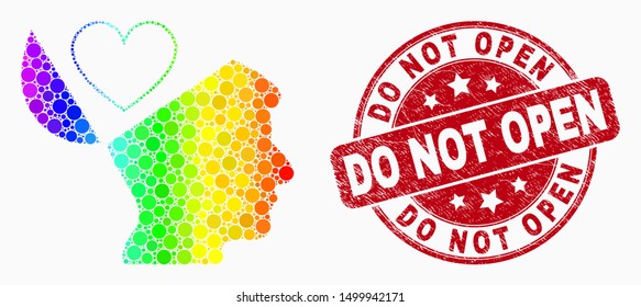 Pixelated rainbow gradiented favourites open mind mosaic icon and Do Not Open seal stamp. Red vector round distress stamp with Do Not Open text. Vector collage in flat style.