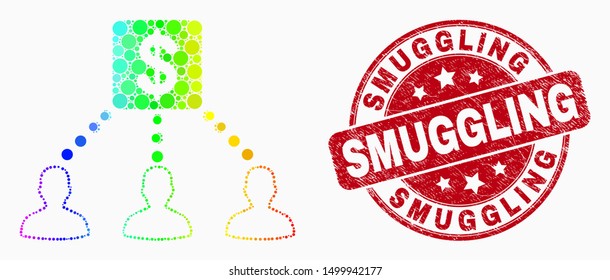 Pixelated rainbow gradiented financial clients links mosaic pictogram and Smuggling seal stamp. Red vector round grunge seal stamp with Smuggling text. Vector collage in flat style.