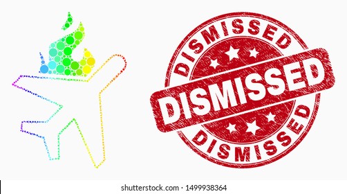 Pixelated rainbow gradiented fired airplane mosaic icon and Dismissed stamp. Red vector rounded textured seal stamp with Dismissed phrase. Vector composition in flat style.