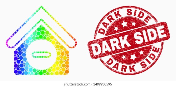 Pixelated rainbow gradiented forbidden house mosaic icon and Dark Side seal stamp. Red vector rounded distress stamp with Dark Side caption. Vector composition in flat style.