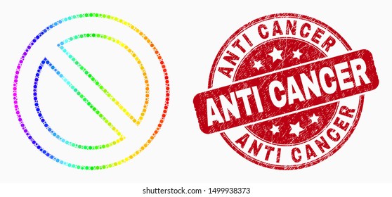 Pixelated rainbow gradiented forbidden mosaic icon and Anti Cancer seal stamp. Red vector round distress stamp with Anti Cancer message. Vector composition in flat style.