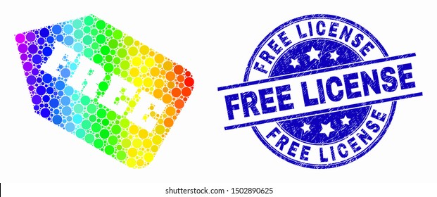 Pixelated rainbow gradiented free tag mosaic pictogram and Free License seal. Blue vector round distress seal with Free License text. Vector collage in flat style.