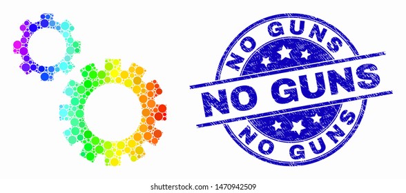 Pixelated rainbow gradiented gears mosaic pictogram and No Guns watermark. Blue vector round grunge seal with No Guns message. Vector combination in flat style.