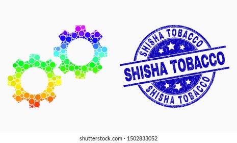 Pixelated rainbow gradiented gears mosaic pictogram and Shisha Tobacco watermark. Blue vector rounded scratched watermark with Shisha Tobacco title. Vector combination in flat style.