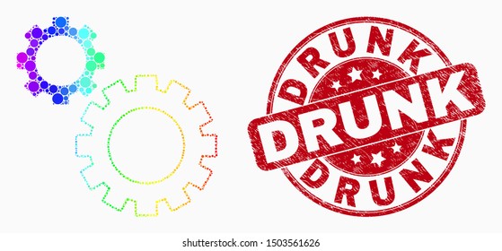 Pixelated rainbow gradiented gears mosaic icon and Drunk stamp. Red vector round distress seal stamp with Drunk text. Vector collage in flat style. Bright gradient gears mosaic of randomized circles,
