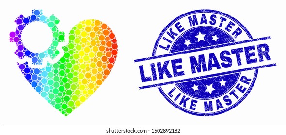 Pixelated rainbow gradiented heart gear mosaic icon and Like Master seal. Blue vector rounded grunge seal with Like Master title. Vector collage in flat style.