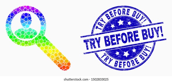 Pixelated rainbow gradiented locate user mosaic icon and Try Before Buy Exclamation seal stamp. Blue vector round textured stamp with Try Before Buy Exclamation title. Vector composition in flat style