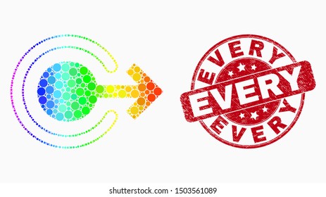 Pixelated rainbow gradiented logout mosaic pictogram and Every stamp. Red vector rounded scratched stamp with Every text. Vector combination in flat style.