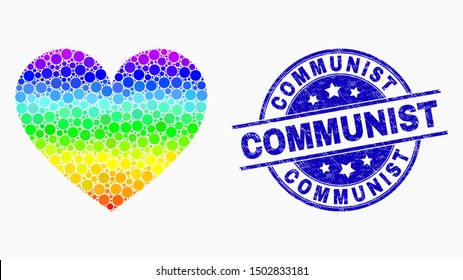 Pixelated rainbow gradiented love heart mosaic icon and Communist stamp. Blue vector round grunge seal with Communist caption. Vector composition in flat style.